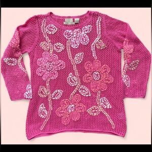 Y2K Sigrid Olsen Pink Knit Sweater w/ Floral Embroidery – Size S (2002)